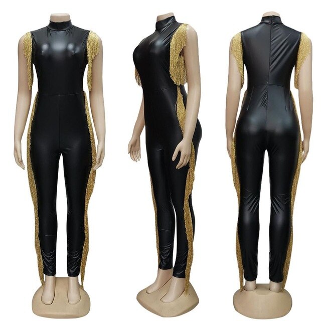 Black &  Gold Tassel PU Leather Sleeveless Overalls Jumpsuit/US
