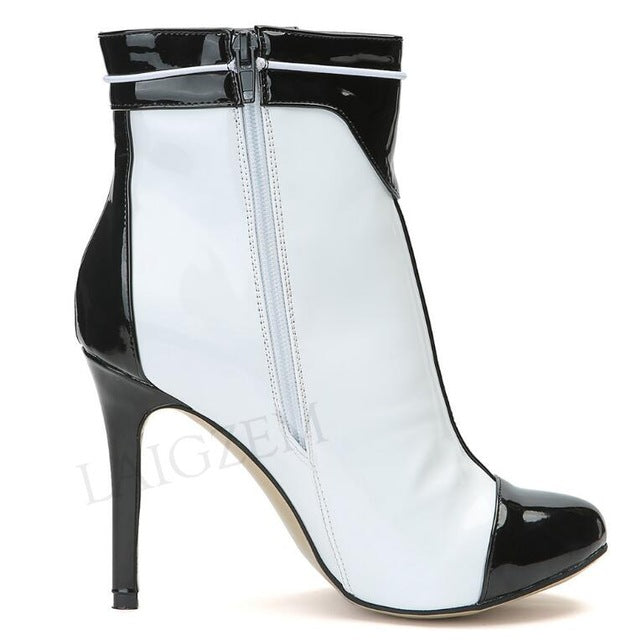 Side Zip Black White Heeled Ankle Boots