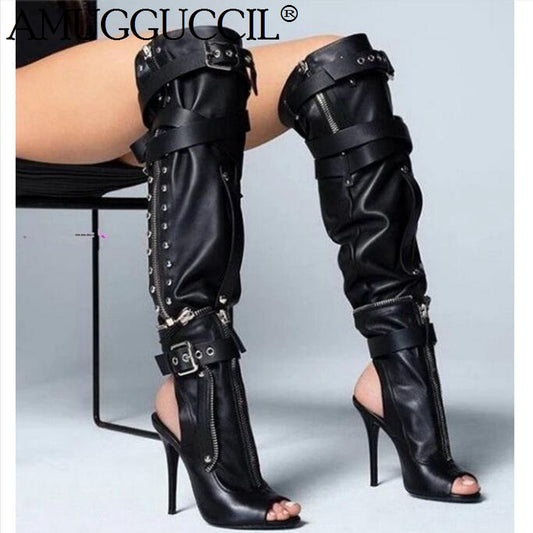 Black Buckle Zipper High Heel Summer Boot Sandals