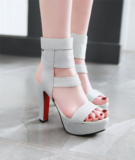 Chunky High Heel Glitter Strap Zipper Sandals