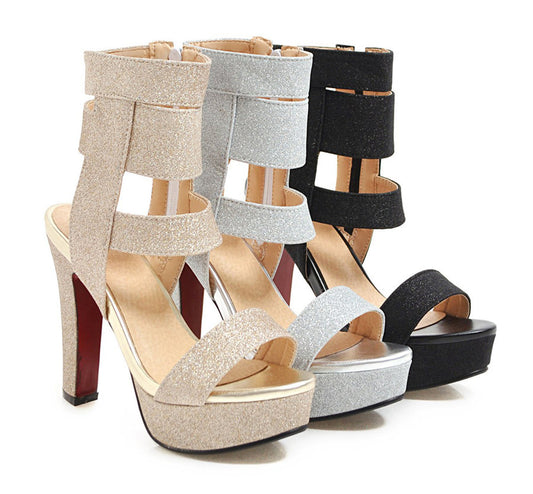 Chunky High Heel Glitter Strap Zipper Sandals