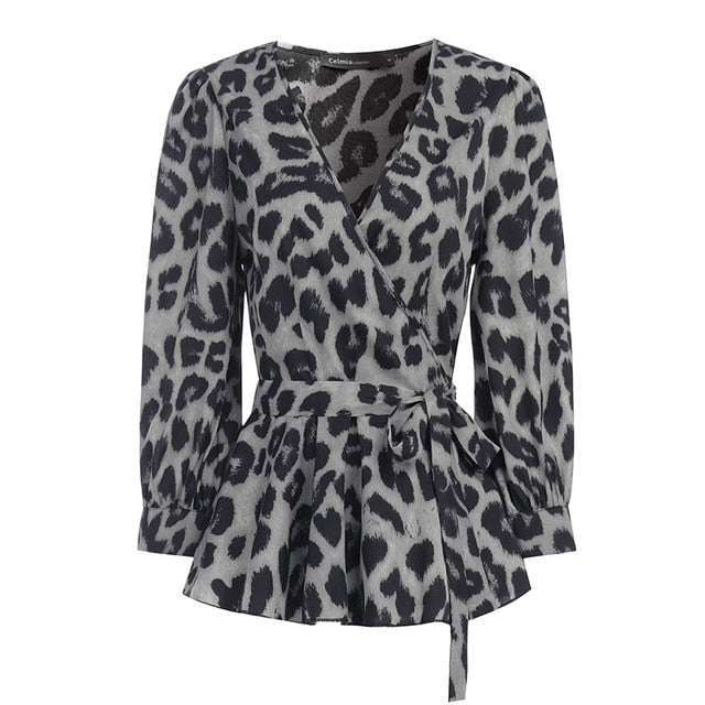 Stylish Deep V-Neck Leopard Print Belted Tunic Blouse