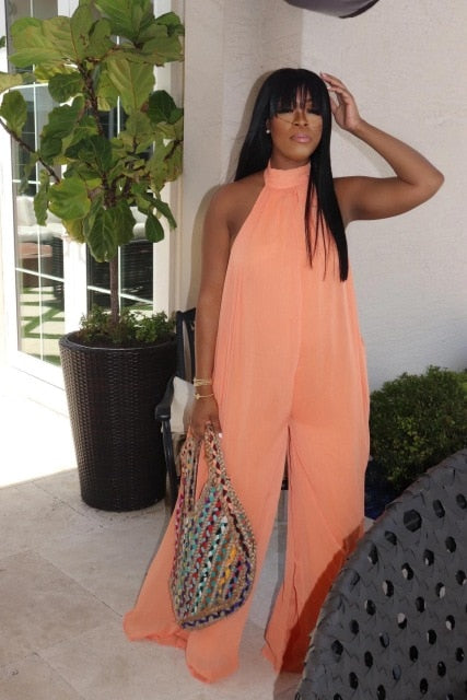 Sleeveless Open Back T-Neck Jumpsuit