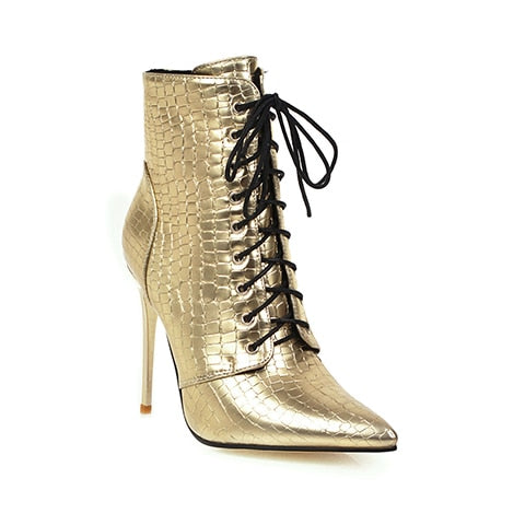 Pointed Toe Ankle Lace-up Striped Color Heel Boots