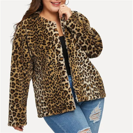 Leopard Print Wool Fur Long Sleeve Zipper O Neck Jacket