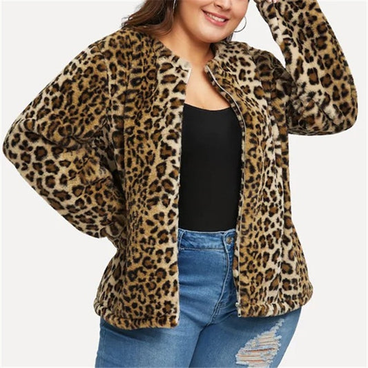 Leopard Print Wool Fur Long Sleeve Zipper O Neck Jacket