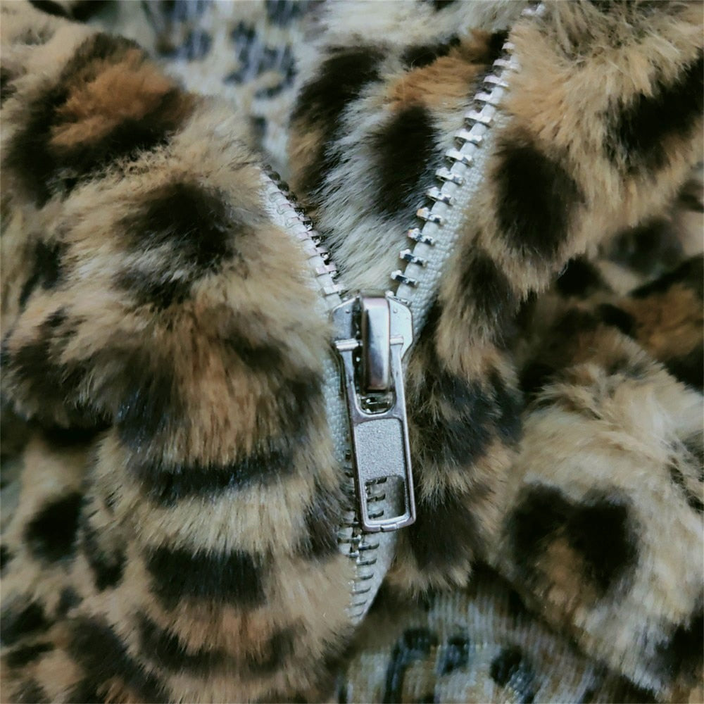 Leopard Print Wool Fur Long Sleeve Zipper O Neck Jacket