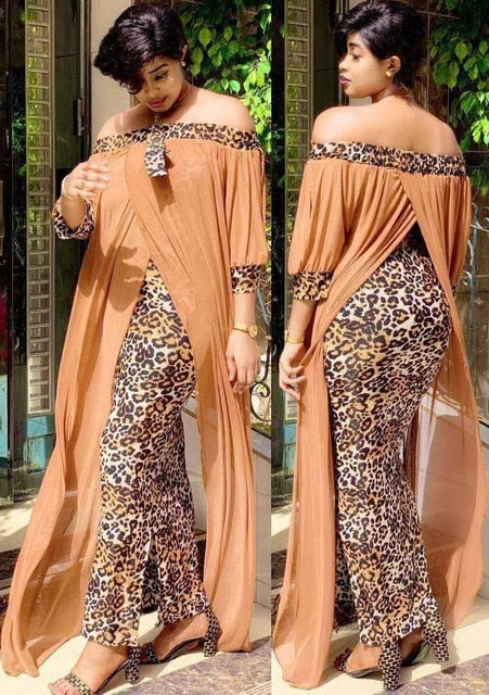 Long Maxi Leopard Off The Shoulder Backless Evening Dress