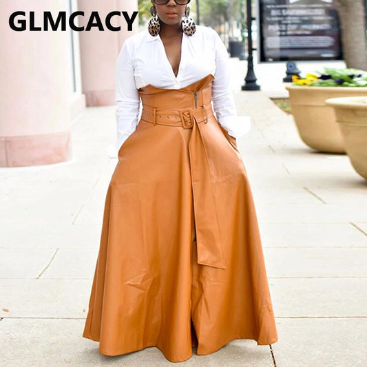 High Waist Buckle Belted Leather Elegant Maxi Skirt