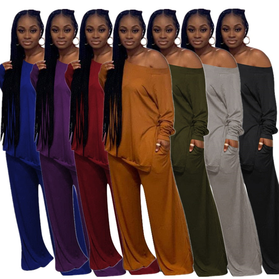 One Shoulder Full Sleeve Loose T-Top and Wide Leg Trouser Pant Sets