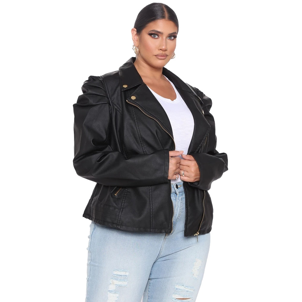 Faux Leather Zipper Puff Sleeve Jackets