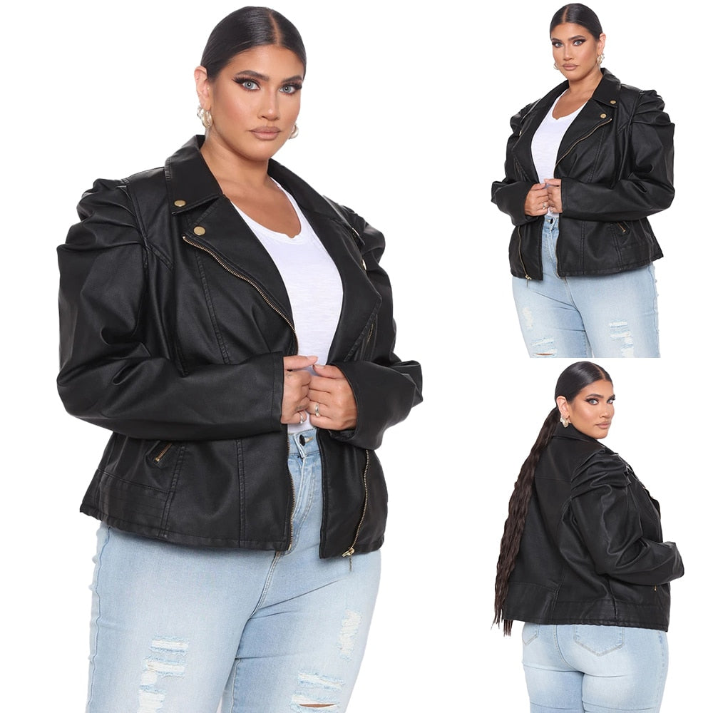 Faux Leather Zipper Puff Sleeve Jackets