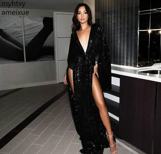 Long Sleeves Black Evening V Neck High Thigh Split Custom Gown