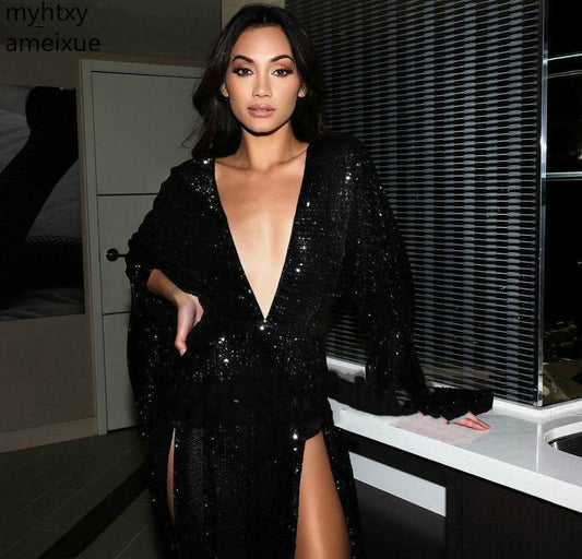 Long Sleeves Black Evening V Neck High Thigh Split Custom Gown