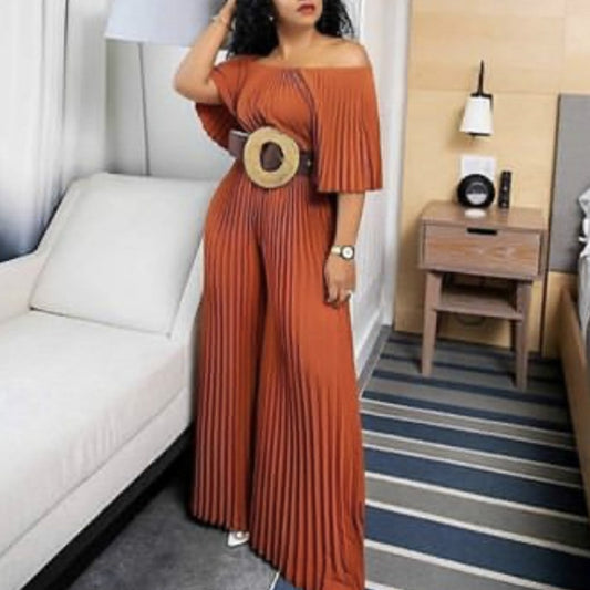 Off Shoulder Loose Pleated High Waist Jumpsuit