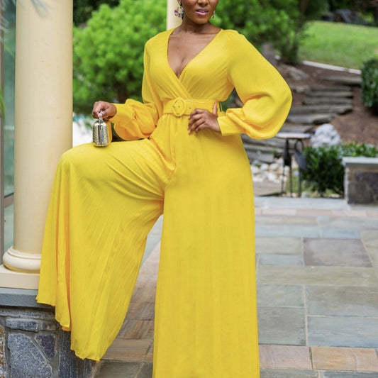 Long Sleeve V Neck Wide Leg Pants Jumpsuit