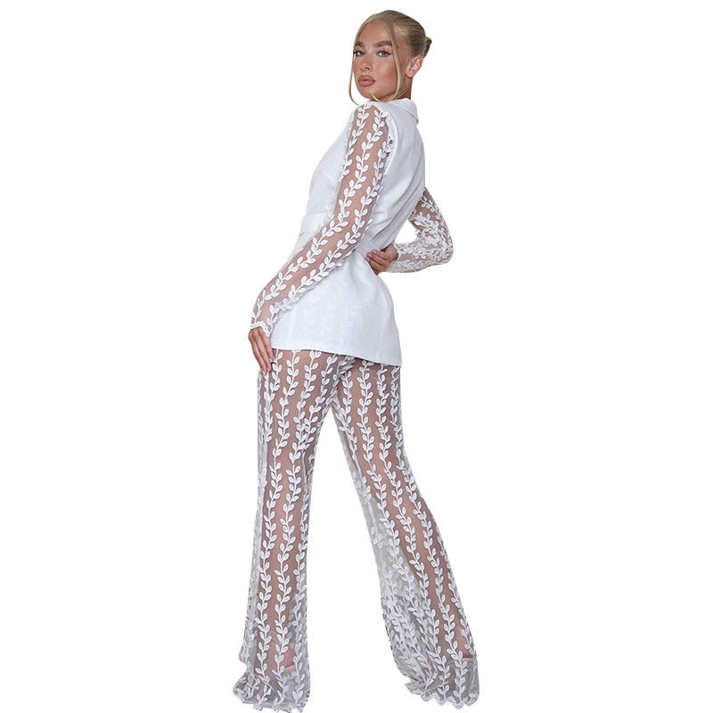 Embroidery Two Piece V-Neck Sashes Tops High Waist See Through Flared Pant