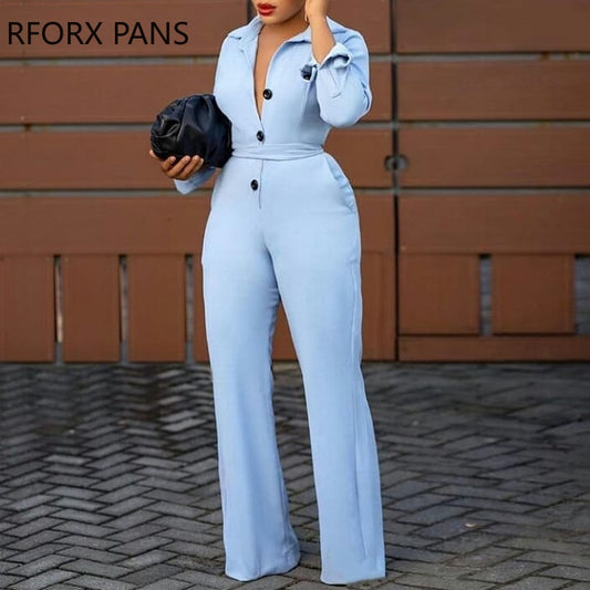 Button Design Long Sleeve Wide Leg Jumpsuit