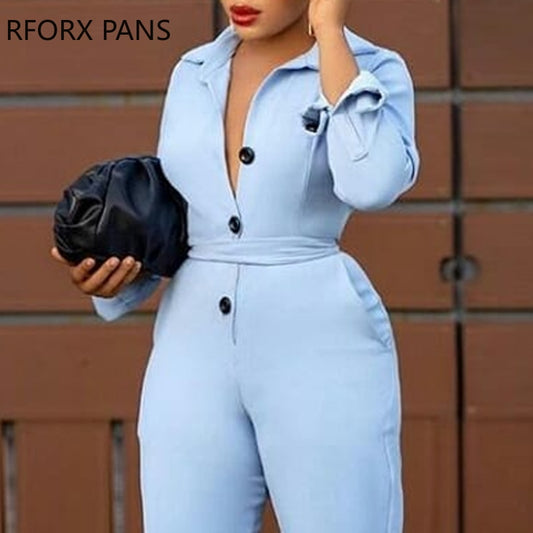 Button Design Long Sleeve Wide Leg Jumpsuit