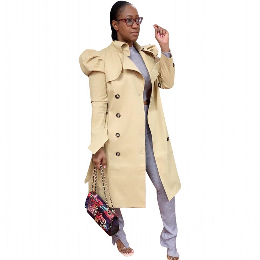 Double Breasted Classic Long Puff Sleeve Trench Coat