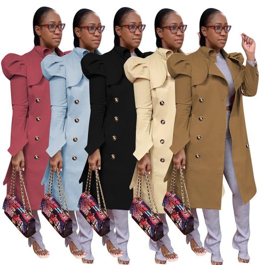 Double Breasted Classic Long Puff Sleeve Trench Coat