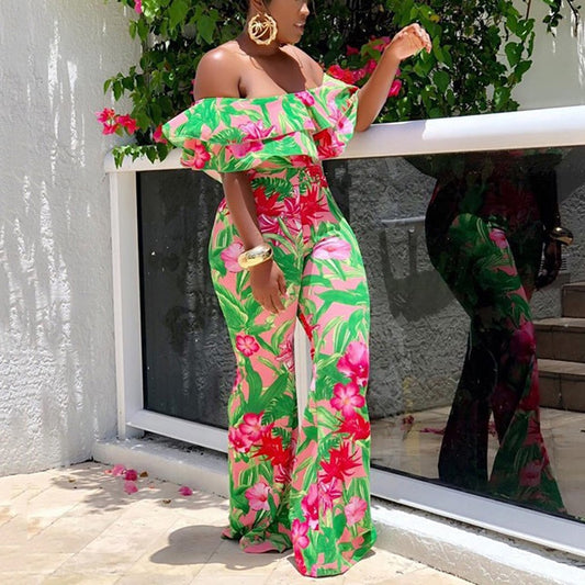 Printed Off the Shoulder High Waist Wide Leg Jumpsuit