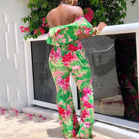 Printed Off the Shoulder High Waist Wide Leg Jumpsuit