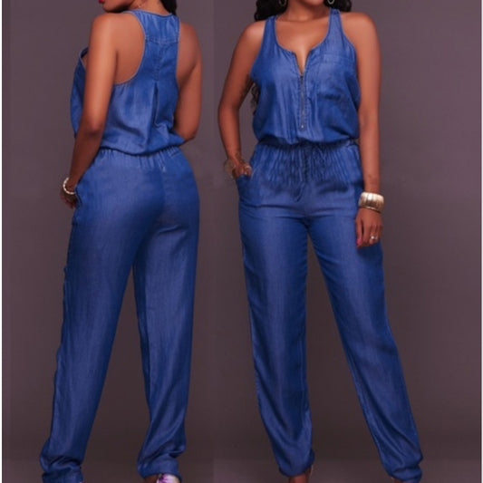 One Piece Denim Romper With Belt