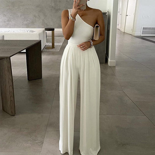 One Shoulder Solid Elegant Wide Leg Sleeveless Loose Romper