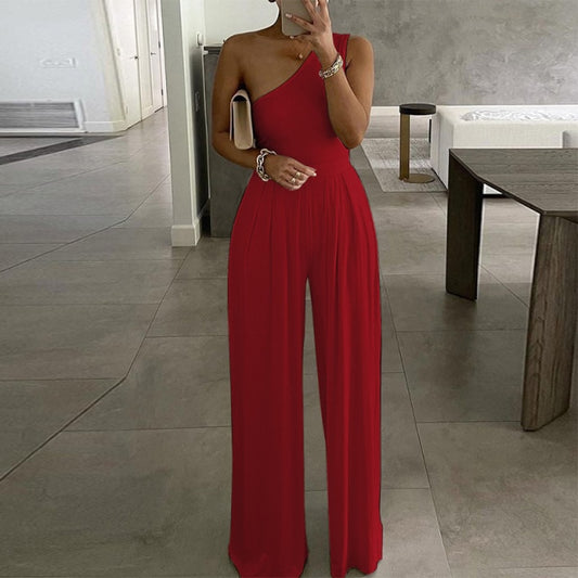 One Shoulder Solid Elegant Wide Leg Sleeveless Loose Romper