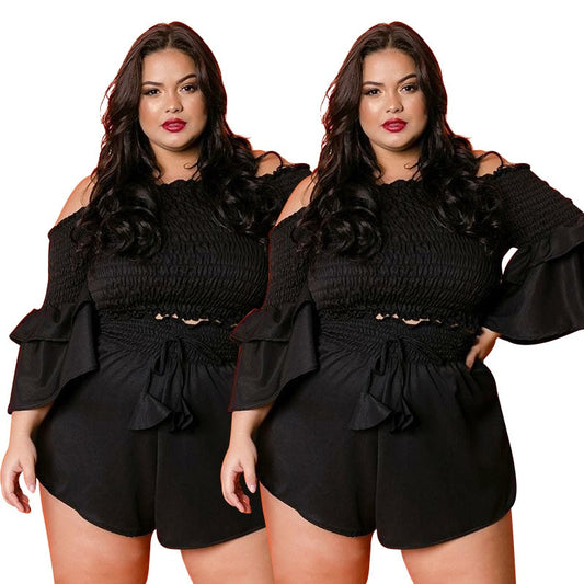 Slash Neck Butterfly Sleeve Crop Tops Lace-up Mini Shorts Set