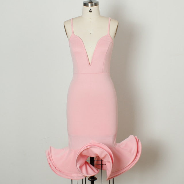 Deep V Neck Mermaid Flare Bandage Pink Sleeveless Vintage Robe Gown