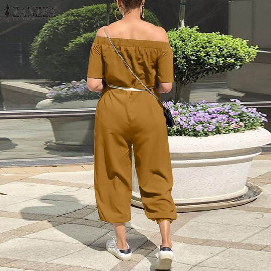 Off Shoulder High Waist Belted Jumpsuit