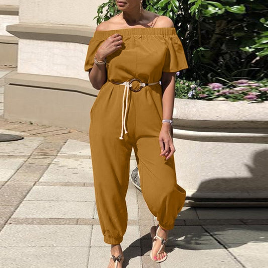 Off Shoulder High Waist Belted Jumpsuit