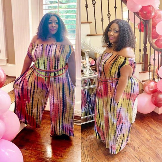 Off Shoulder Rainbow Stripe Print Jumpsuit With Belt