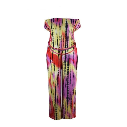 Off Shoulder Rainbow Stripe Print Jumpsuit With Belt