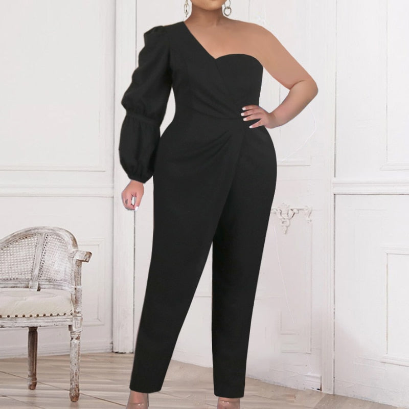 Classy One Shoulder Evening Overall Plus Size Jumpsuit