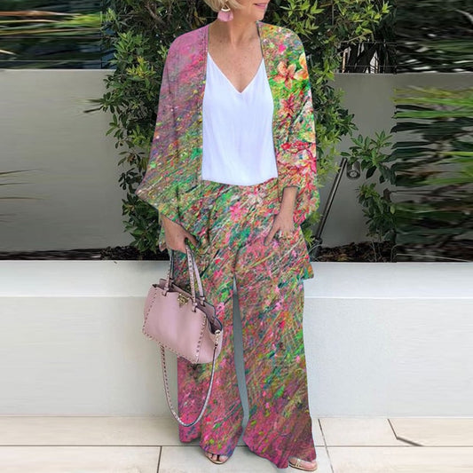 Casual Floral Print Cardigan Tops and Wide Leg Pants Suit Sets