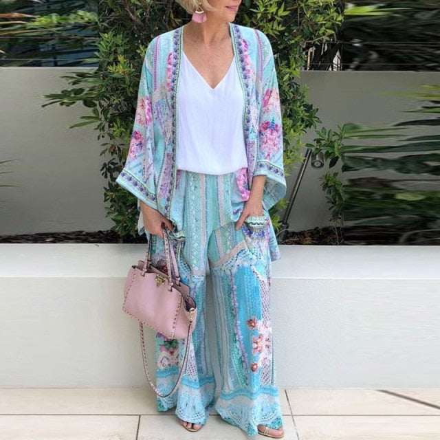 Casual Floral Print Cardigan Tops and Wide Leg Pants Suit Sets