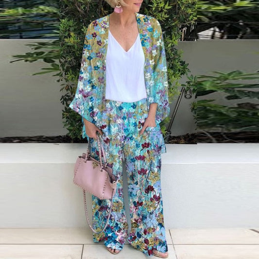 Casual Floral Print Cardigan Tops and Wide Leg Pants Suit Sets