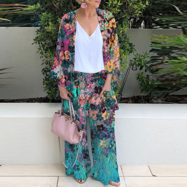 Casual Floral Print Cardigan Tops and Wide Leg Pants Suit Sets