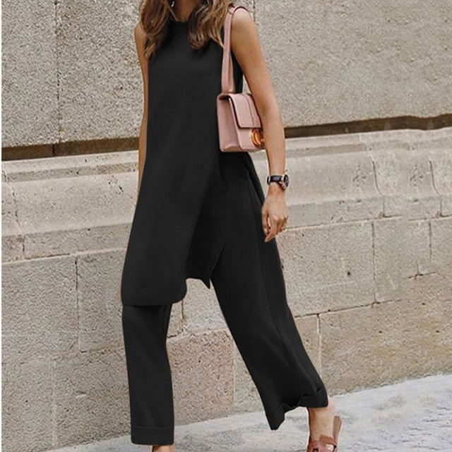 Two Piece Elegant O Neck Blouse Top And Loose Pants Summer Casual Sleeveless Sets