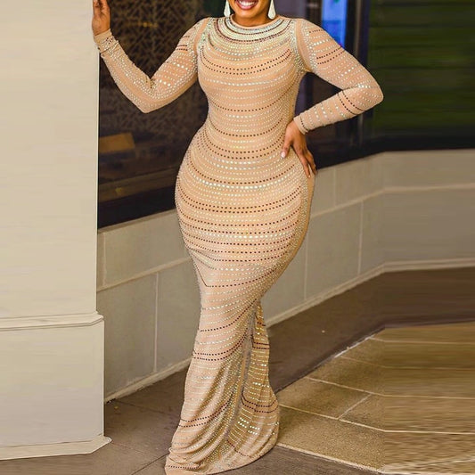 Diamond Bodycon Full Sleeve Floor Length Luxury Elegant Evening Dress
