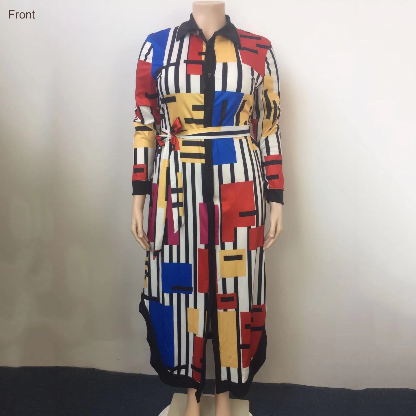 Geometric Printed Single Breasted Full Sleeve High Waisted Ankle Length Dress