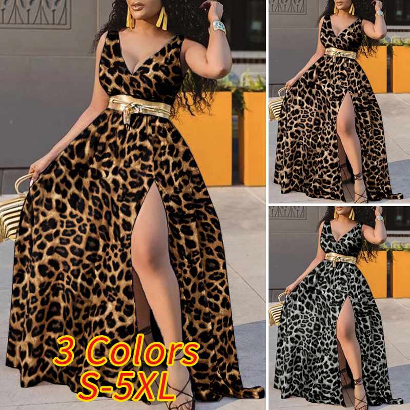 Vintage V Neck Printed Leopard Print Pleated Side Slit Maxi Dress