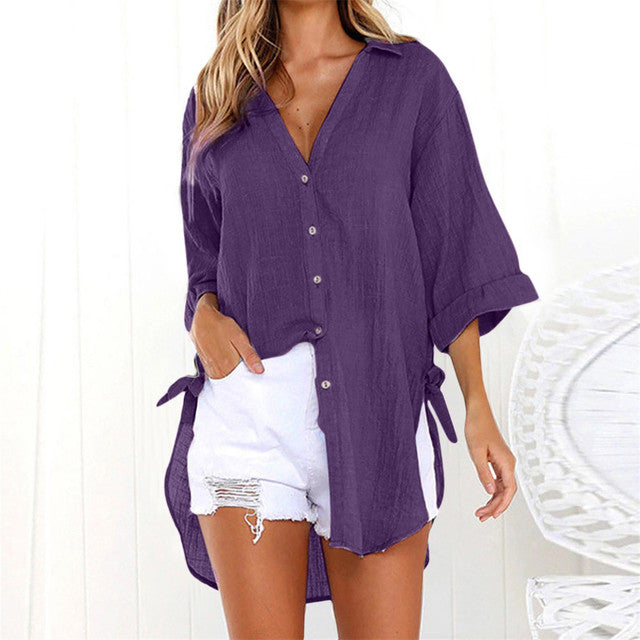 Casual Cotton Vintage Button Down Tunic Tops