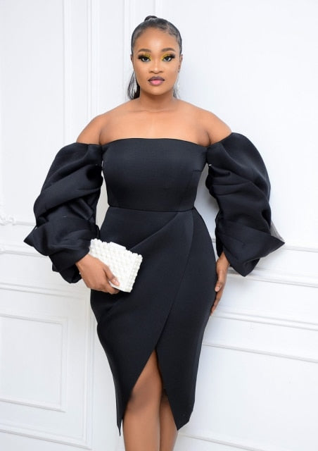 Off Shoulder Puff Sleeve Wrap Dress