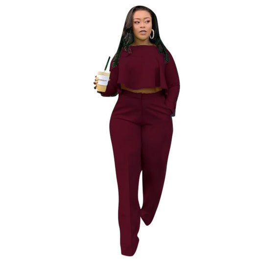 Long Sleeve Crop Top+Wide Leg Pants Two Piece Sportswear Set