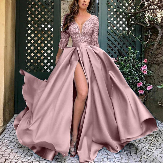 Elegant V-Neck Half Sleeve High Split Sequin Long Maxi Gown