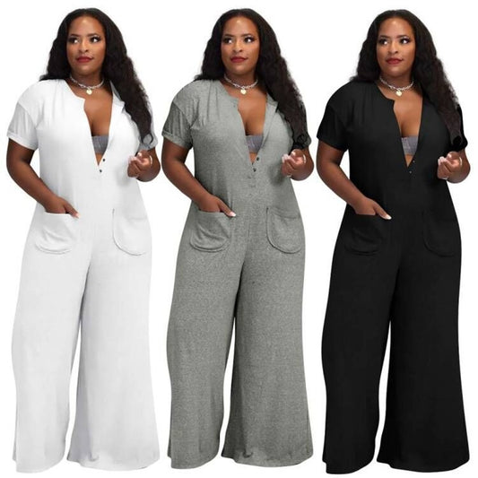 Casual Wide Leg Loose Button Up With Pockets Jumpsuit